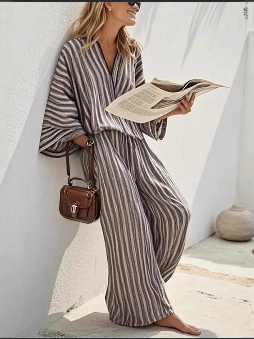 ZARA Women Striped Collared Lounge Set Loose Fit Vacation